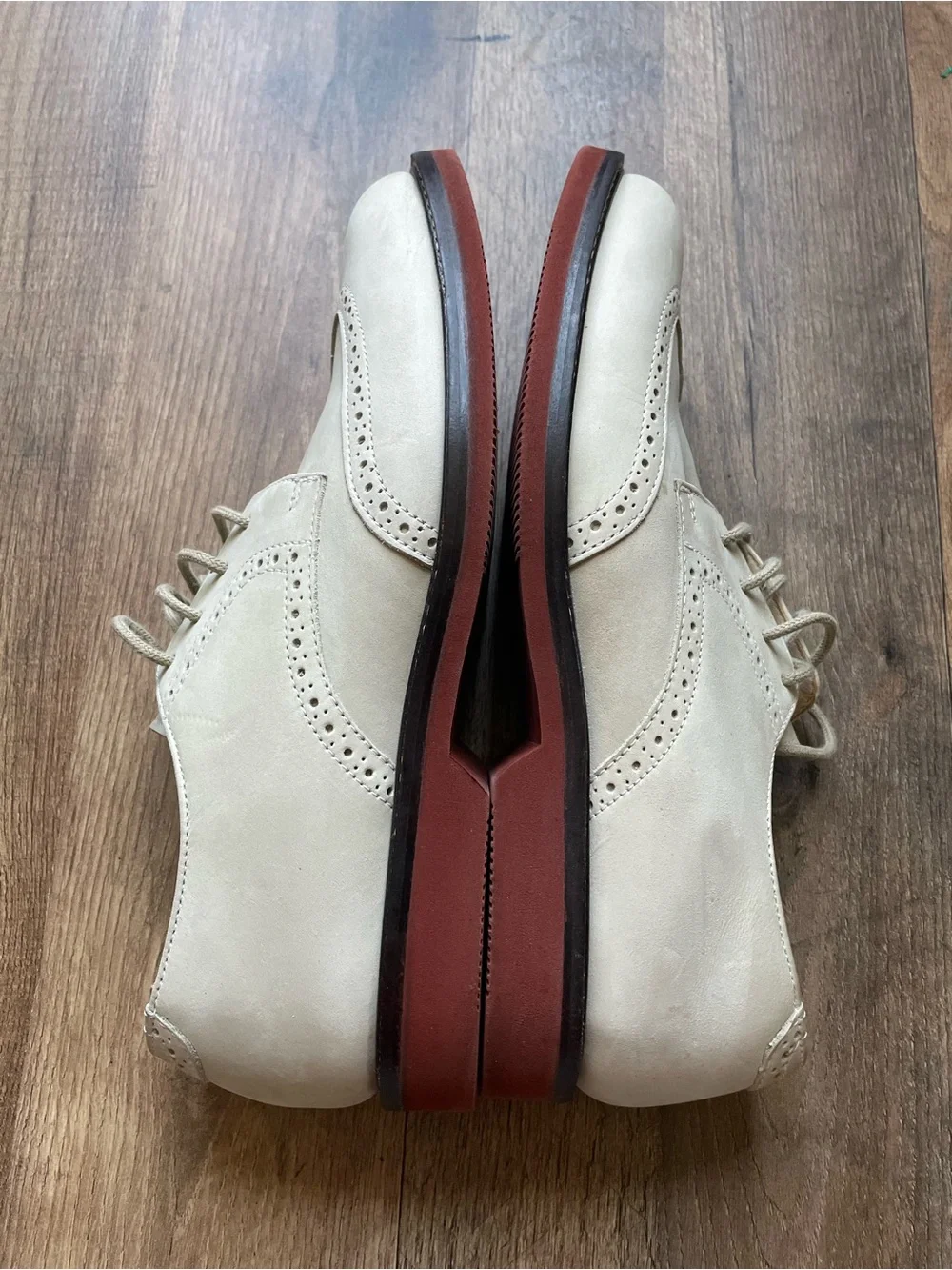Johnston & Murphy Cream Wingtip Derby with Red-Brown Sole